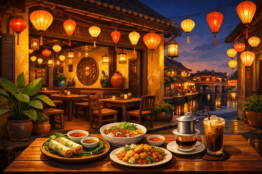 Warm lantern-lit Vietnamese café in Hoi An with wooden tables, traditional décor, food, and a calm canal view.