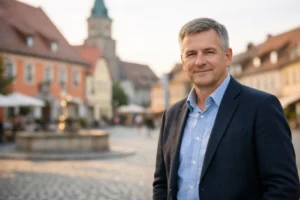 Well-dressed middle-aged man in Bavarian town square with pastel buildings at sunset.