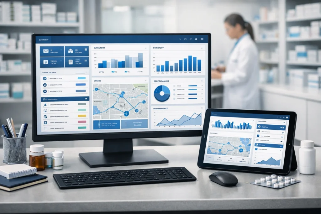Modern pharmacy dashboard showing inventory, logistics, and performance analytics on desktop and tablet.