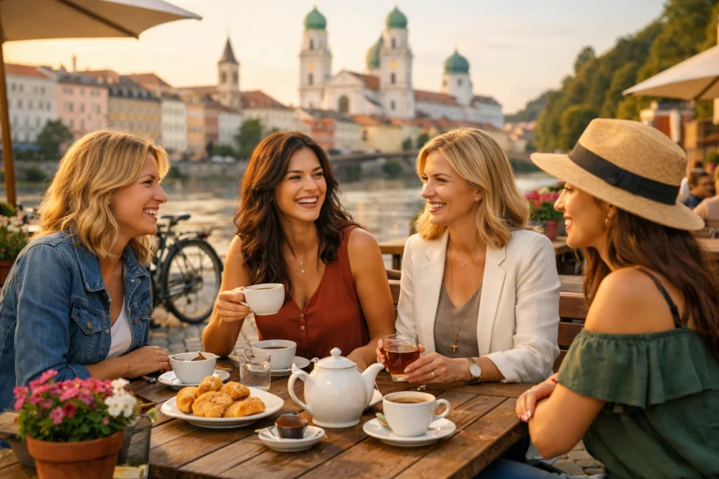 Stylish women enjoying coffee and pastries at a riverside café in Passau with historic buildings in the background.