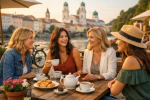 Stylish women enjoying coffee and pastries at a riverside café in Passau with historic buildings in the background.