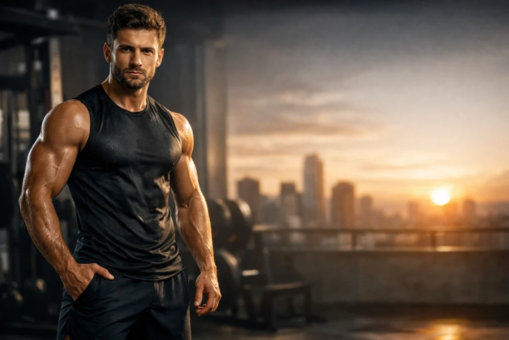 Muscular man in modern gym at sunrise, confident stance, highlighting strength, fitness, and focused.