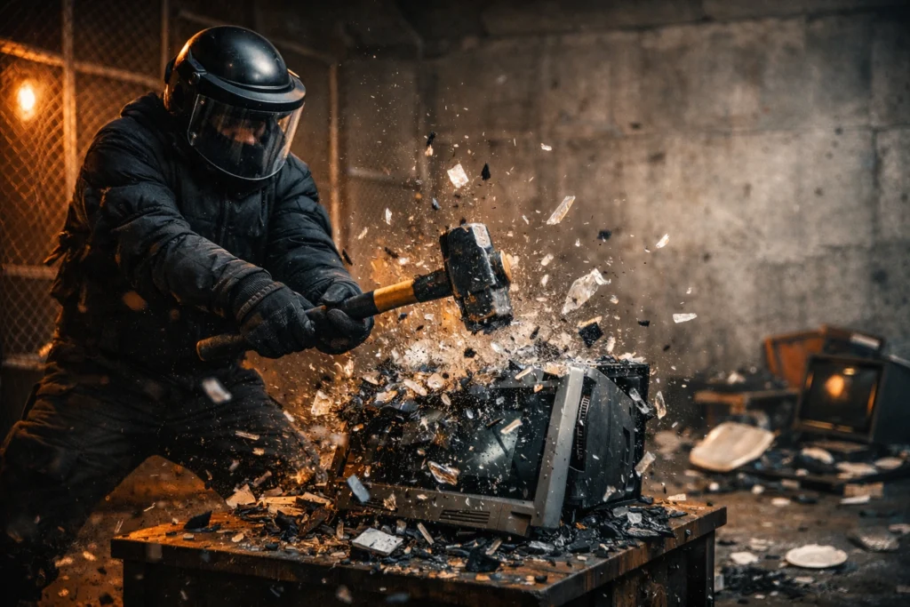 Person in protective gear smashing electronics with a sledgehammer inside a dramatic, industrial rage room in NRW.