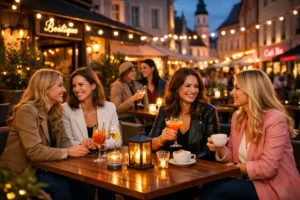 Four stylish women chatting over drinks at a cozy outdoor café in Rosenheim, with warm lights.