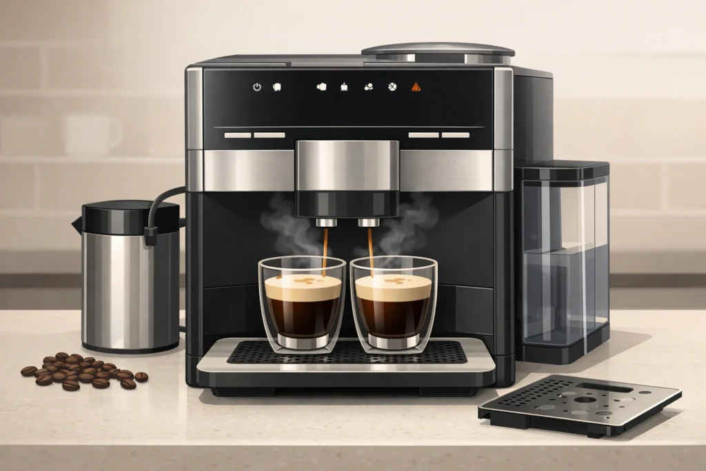 Siemens EQ.6 Plus coffee machine brewing espresso on a modern kitchen counter with milk frother and steam rising.
