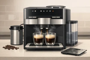 Siemens EQ.6 Plus coffee machine brewing espresso on a modern kitchen counter with milk frother and steam rising.