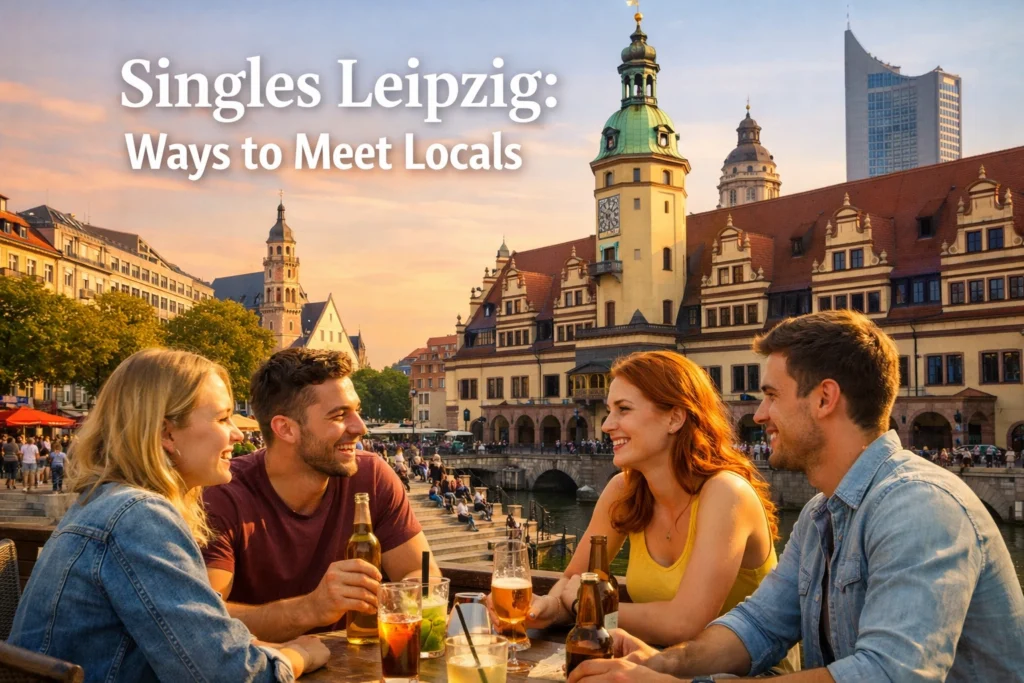 Singles chatting at an outdoor café in Leipzig near the canal, enjoying a relaxed evening social scene.