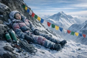 Frozen climber resting near Everest summit with prayer flags, oxygen tanks, and vast snowy peaks.