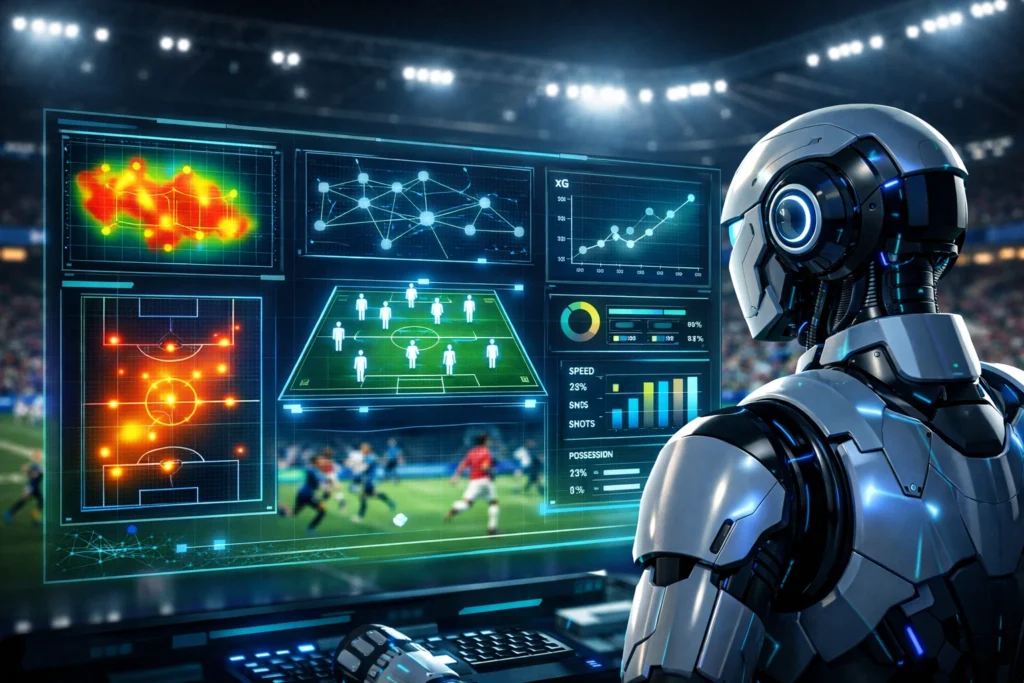 AI robot analyzing a live soccer match with holographic stats, heatmaps, and tactical data inside a stadium.