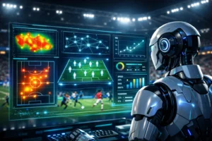 AI robot analyzing a live soccer match with holographic stats, heatmaps, and tactical data inside a stadium.