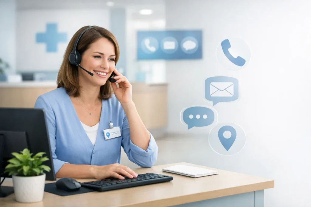 Friendly medical support representative with headset assisting patient at reception desk.