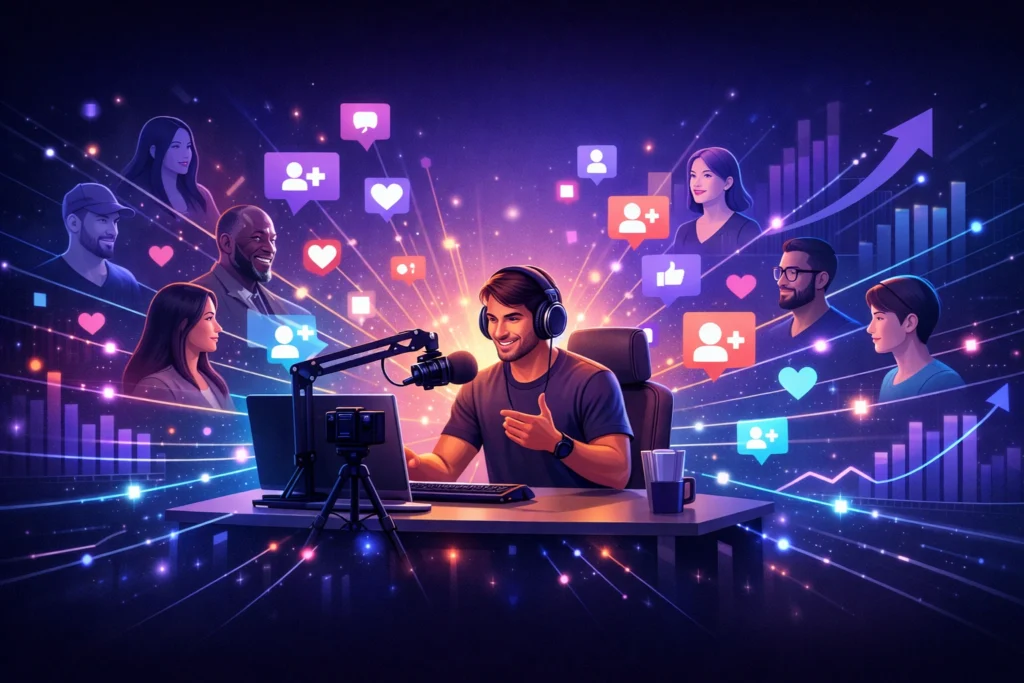 A streamer at a modern setup with glowing analytics and connected avatars symbolizing online community growth and engagement