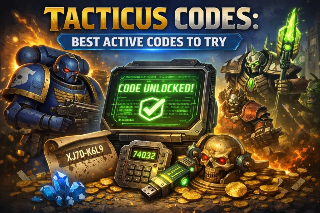 Smartphone showing Tacticus gameplay with glowing reward codes and gaming desk setup in a futuristic setting.