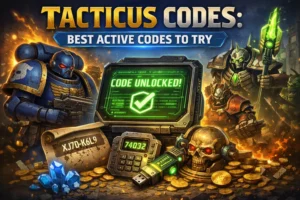 Smartphone showing Tacticus gameplay with glowing reward codes and gaming desk setup in a futuristic setting.