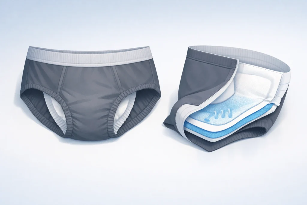 Illustration of men’s incontinence briefs showing fit and absorbent layered design in a clean, medical style.