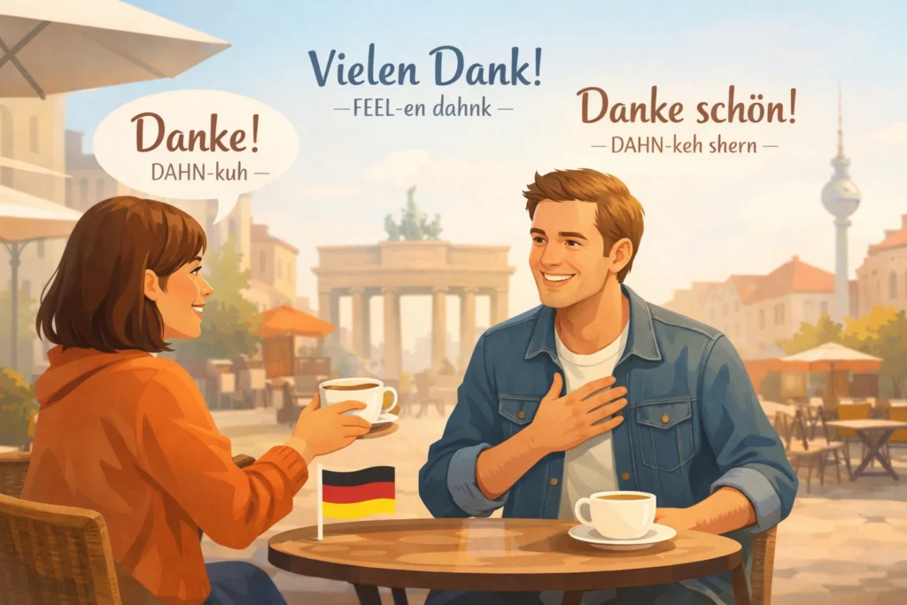 Two people saying “Danke” at a Berlin café with German phrases floating around in a warm learning scene.