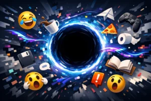Surreal digital void pulls emojis, gadgets, and everyday objects into a glowing glitchy hole at the center.