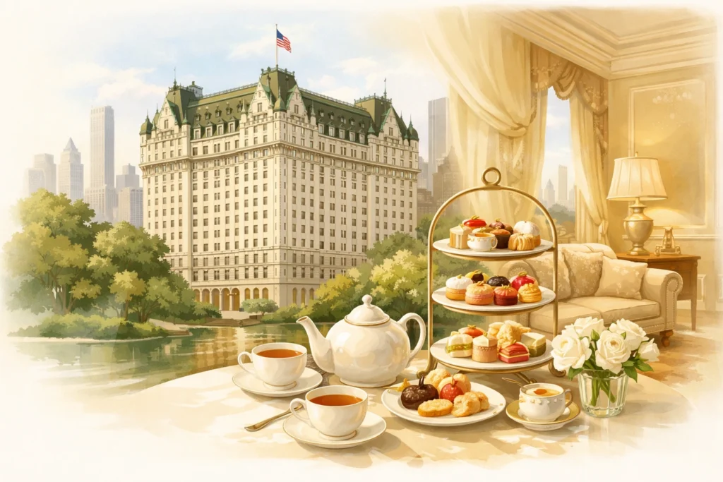 Illustrated view of The Plaza Hotel with elegant afternoon tea and a luxurious suite overlooking Central Park.