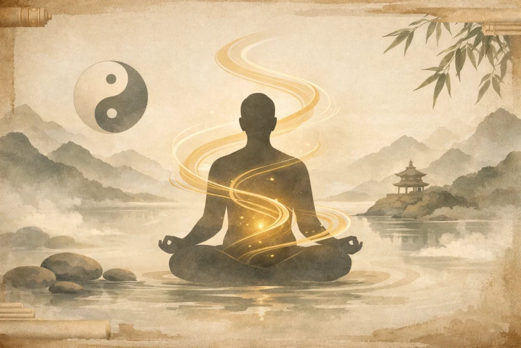 Serene meditating figure with golden energy flow, yin yang symbol, and misty mountains in calm Chinese style.