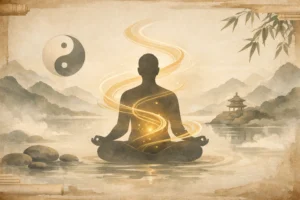 Serene meditating figure with golden energy flow, yin yang symbol, and misty mountains in calm Chinese style.