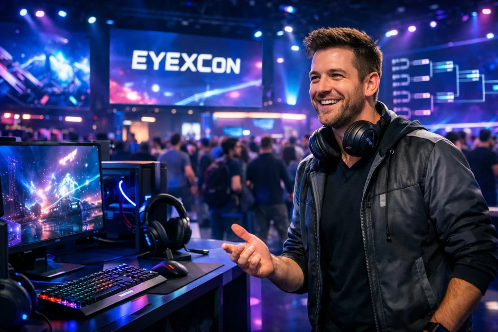 Tommy Jacobs smiling at EyexCon, standing by a colorful gaming setup with neon-lit monitors and crowd.