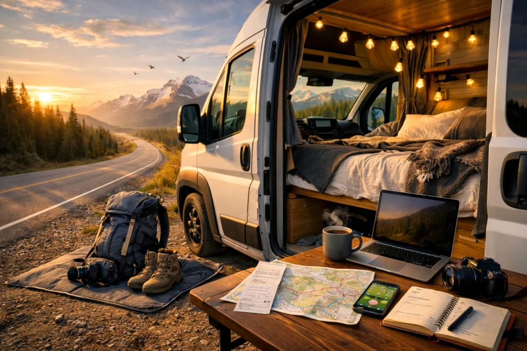 Camper van parked on mountain road at sunrise with cozy interior, maps, laptop, and hiking gear.