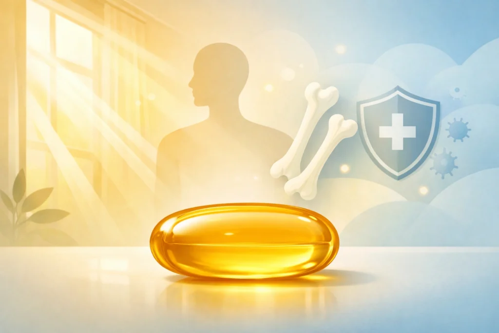 Golden vitamin D3 capsule with sunlight rays, abstract human figure, bones and immunity symbols.