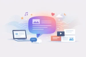 Flat illustration showing a speech bubble document with mood cues, laptop, and content cards in soft colors.