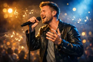 Contemporary male singer performing passionately on stage with colorful lights and blurred audience.