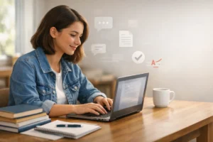 Student working on a laptop at a tidy desk with books and soft study support icons in background.