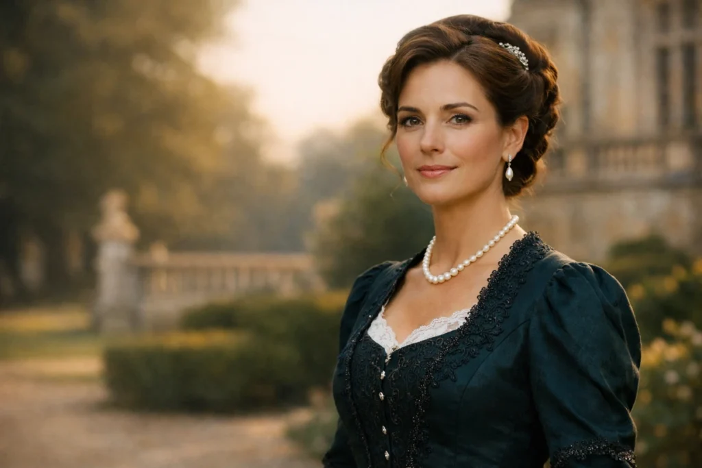 Elegant aristocratic woman in emerald 19th-century gown at a grand European estate garden.