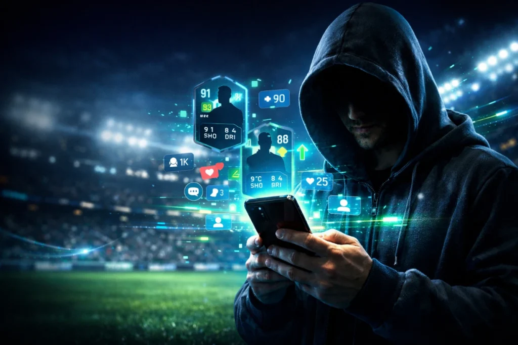 Hooded figure holding glowing phone with floating football cards in stadium at night under lights.