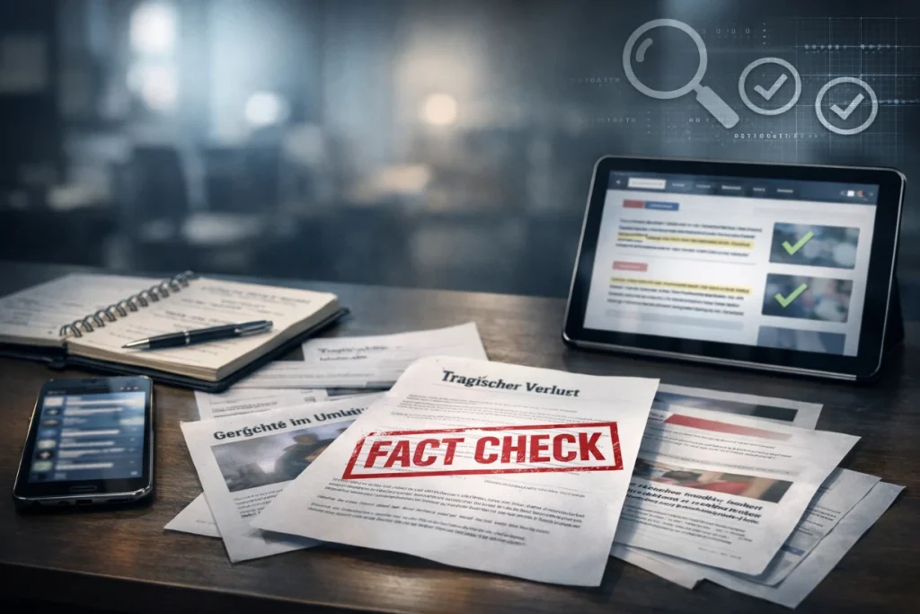 Desk with fact check stamp, documents, tablet, and smartphone in newsroom setting.