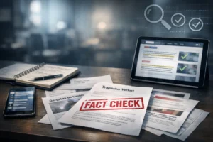 Desk with fact check stamp, documents, tablet, and smartphone in newsroom setting.
