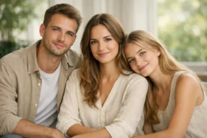 Three well-dressed young siblings smiling together in soft natural indoor light, warm and candid.