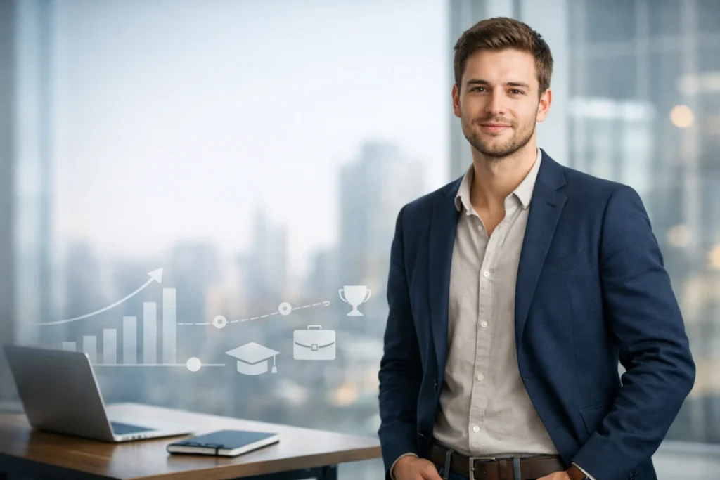 Confident young professional in modern office with career growth graphics overlay and laptop on desk.