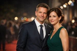 Elegant couple at a red carpet event, dressed formally, smiling under warm evening lights.