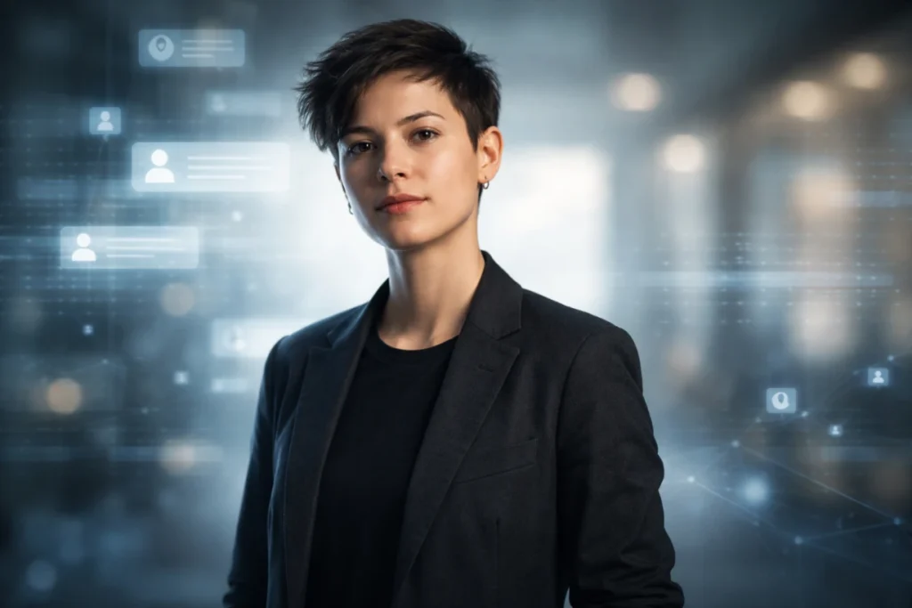 Confident professional with digital media overlays and soft blue editorial background.