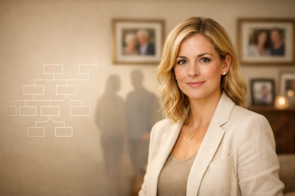Elegant blonde woman in warm family setting with subtle family tree graphic in background.