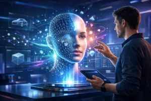 Futuristische Szene: KI erstellt holografisches 3D-Modell in modernem Studio mit Designer.