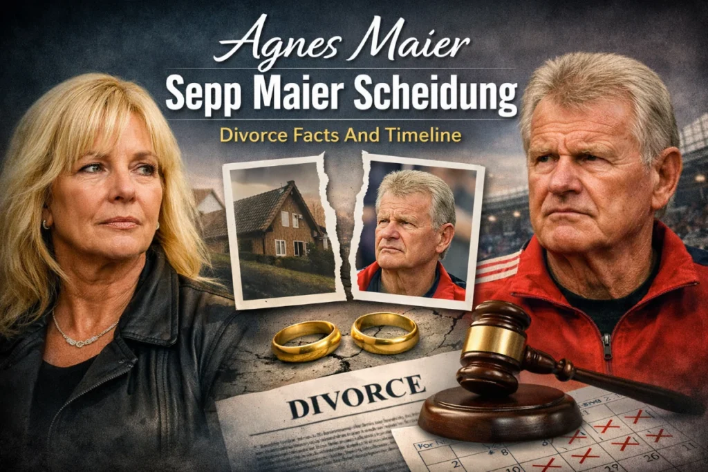 Split portrait of Agnes and Sepp Maier with torn photos, rings, gavel, and divorce papers on desktop.