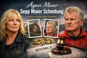 Split portrait of Agnes and Sepp Maier with torn photos, rings, gavel, and divorce papers on desktop.