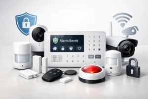 Mehrere moderne Alarmanlagen wie Kameras, Sensoren und Steuergeräte auf hellem, neutralem Hintergrund.