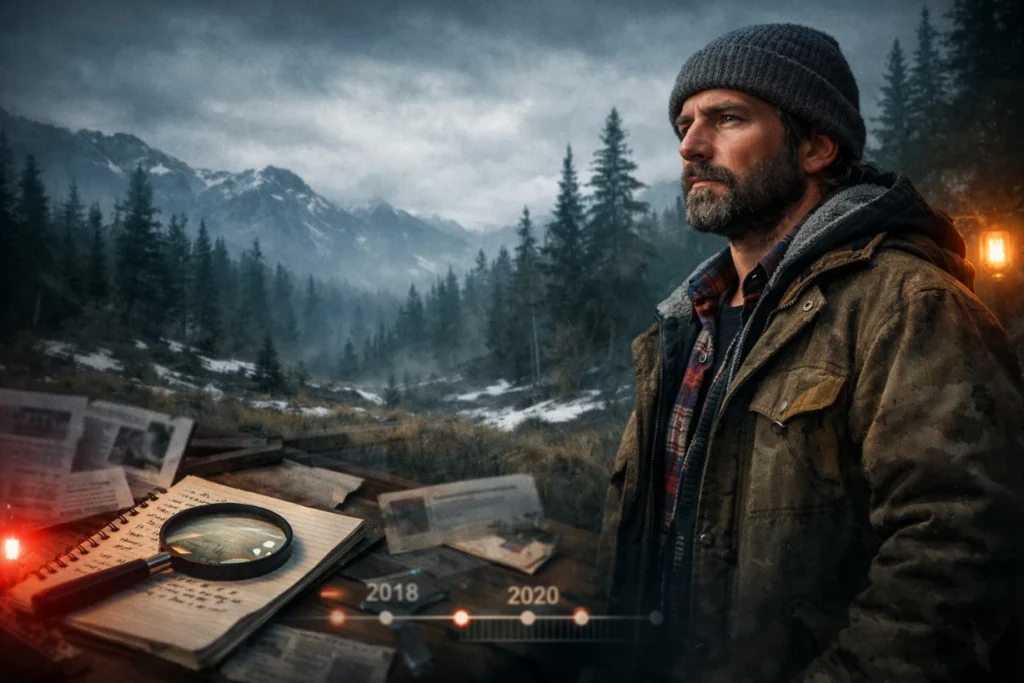Bearded survivalist in misty Alaskan forest with investigative notes and timeline elements.