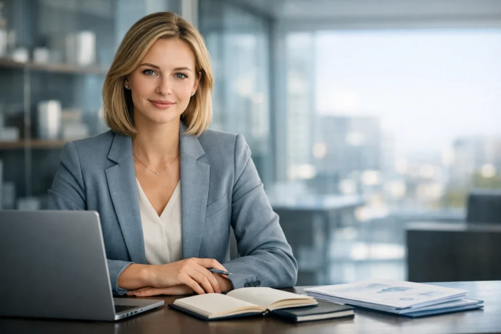 Confident businesswoman working at a modern office desk with laptop and documents in daylight.