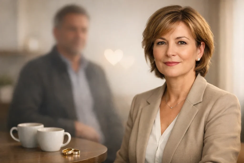 Confident middle-aged woman with blurred partner, wedding rings and coffee cups in warm setting.