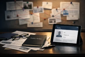 Research desk with documents, a Public Notes notebook, and tablet showing a profile page background board.