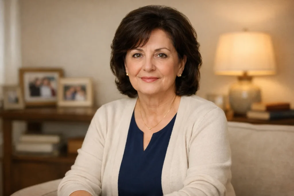 Calm mature woman seated in an elegant living room with warm light and soft neutral décor background.
