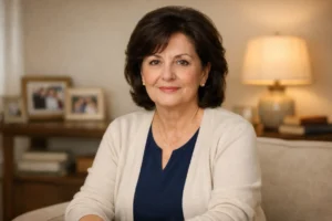 Calm mature woman seated in an elegant living room with warm light and soft neutral décor background.