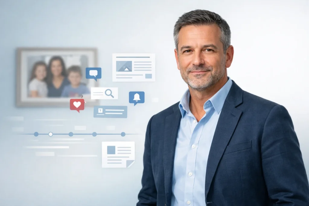 Illustration of Frank Bonadio with family imagery and digital icons representing biography and online presence.